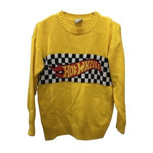 Hot Wheels Men's Yellow Knit Pullover Sweater Checkered Logo Crew Neck Small